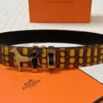 爱马仕（Hermès）定制款马术主题马形扣黄棕色鳄鱼纹皮革腰带 - Imagem 3