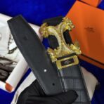 爱马仕（Hermès）定制款龙形 H 扣镶钻黑色鳄鱼纹皮革腰带 - Image 4