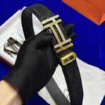 爱马仕（Hermès）黑色压纹皮革金色钻石镶嵌 H 扣男士腰带 - Image 4