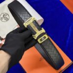 爱马仕（Hermès）黑色编织小牛皮金色 H 扣男士腰带 - Imagem 2