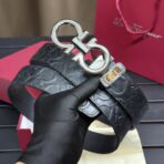 菲拉格慕（Salvatore Ferragamo）Gancini 系列黑色压纹皮革银色双 Gancini 扣腰带