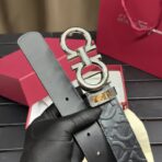 菲拉格慕（Salvatore Ferragamo）Gancini 系列黑色压纹皮革银色双 Gancini 扣腰带 - Image 4