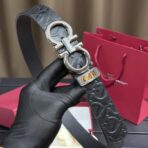 菲拉格慕（Salvatore Ferragamo）Gancini 系列黑色压纹皮革银色双 Gancini 扣腰带 - Image 3