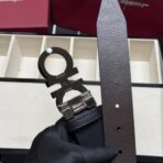 菲拉格慕（Salvatore Ferragamo）棕色粒面小牛皮银色 Gancini 扣双面男士腰带 - Image 3