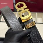 菲拉格慕（Salvatore Ferragamo）黑色压纹小牛皮金色 Gancini 扣男士腰带 - 图片 2