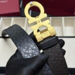 菲拉格慕（Salvatore Ferragamo）黑色压纹小牛皮金色 Gancini 扣男士腰带 - 图片 3