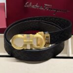 菲拉格慕（Salvatore Ferragamo）黑色压纹小牛皮金色 Gancini 扣男士腰带