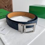 葆蝶家（Bottega Veneta）藏青蓝绗缝小牛皮银色板扣男士腰带