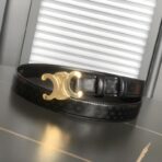 赛琳（Celine）Triomphe 系列黑色老花帆布皮革金色 Triomphe 扣腰带 - 图片 2