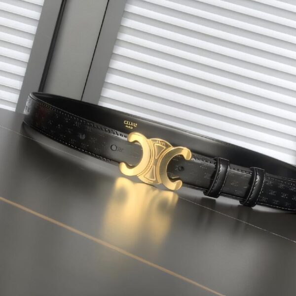 赛琳（Celine）Triomphe 系列黑色老花帆布皮革金色 Triomphe 扣腰带