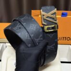 路易威登（Louis Vuitton）INITIALES 黑灰色老花帆布金色扣腰带 - 图片 2