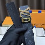 路易威登（Louis Vuitton）INITIALES 黑灰色老花帆布金色扣腰带 - 图片 3