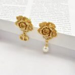 迪奥金色牡丹花不对称CD珍珠耳钉 - 图片 3