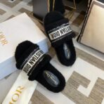 克里斯汀・迪奥 Oblique 标识织带黑色毛绒穆勒拖鞋