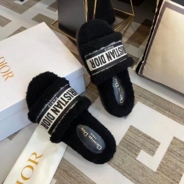 克里斯汀・迪奥 Oblique 标识织带黑色毛绒穆勒拖鞋