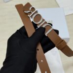 迪奥（Dior）红褐色小牛皮金色金属 DIOR 字母扣细腰带 - Image 3