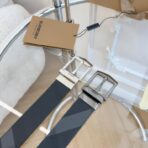 （Burberry）London 格纹系列双面帆布皮革暗银色矩形针扣腰带 - 图片 4