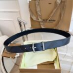 （Burberry）London 格纹系列蓝色双面格纹帆布皮革暗银色矩形针扣腰带 - 图片 4