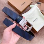 （Burberry）蓝色格纹帆布配皮银色板扣男士腰带