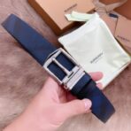 （Burberry）蓝色格纹帆布配皮银色板扣男士腰带 - 图片 2