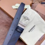 （Burberry）蓝色格纹帆布配皮银色板扣男士腰带 - 图片 4