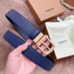 （Burberry）蓝色粒面小牛皮金色板扣男士腰带 - 图片 4