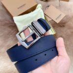 （Burberry）蓝色粒面小牛皮银色板扣男士腰带 - 图片 2