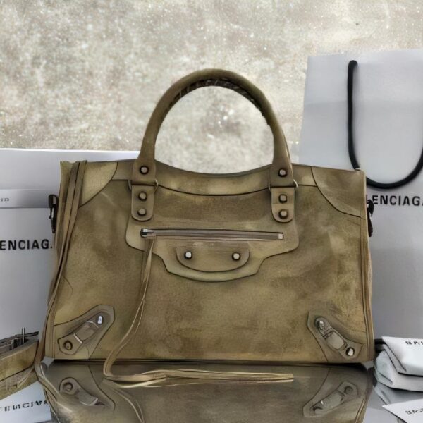 巴黎世家（Balenciaga）City 系列做旧橄榄绿小牛皮机车手提斜挎包  大号