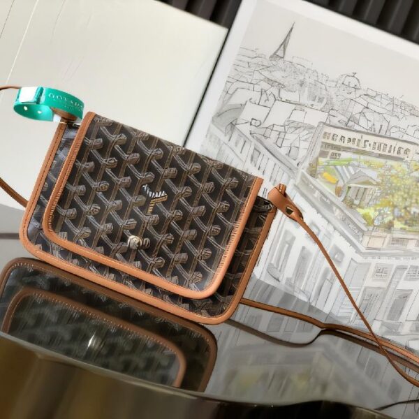 戈雅（Goyard）Belvedere Mini 系列深棕色 Goyardine 提花帆布棕褐色皮革包边迷你斜挎包