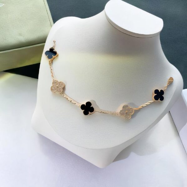 梵克雅宝黄金色黑玛瑙间钻五花手链