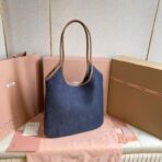 缪缪（Miu Miu）Ivy 系列深蓝色织物配棕色皮革饰边标识托特包 - Image 2