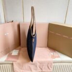 缪缪（Miu Miu）Ivy 系列深蓝色织物配棕色皮革饰边标识托特包 - Image 4